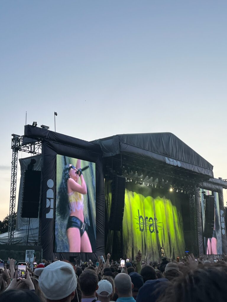 Charli XCX performing live at Libdo Festival with her “Brat” backdrop, during the Charli XCX concert in London.